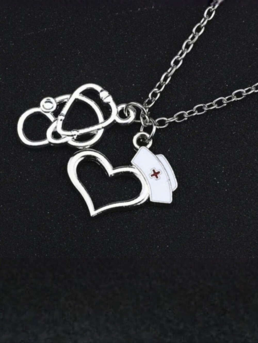 Nurse Doctor Medical Stethoscope Hat Heart Oil Drip Silver Pendant Necklace